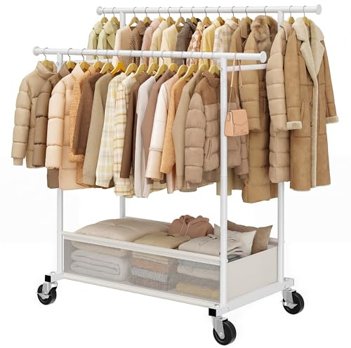 Klyvvo 110cm Doppelter Kleiderständer auf Rollen, 48L Wäschekorb, Weiß | 110KG Traglast Stabil Kleiderständer, Kleiderstange für Mäntel, Jacken, Pullover, Kleider, Schlafzimmer, Mietwohnung