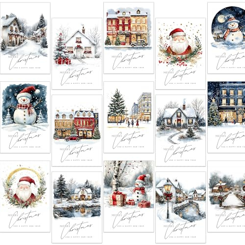 Weihnachtskarten 30er Set mit 15 bemalten Winterlandschaften Motiven Festlich Grußkarten Sortiment mit Umschlägen