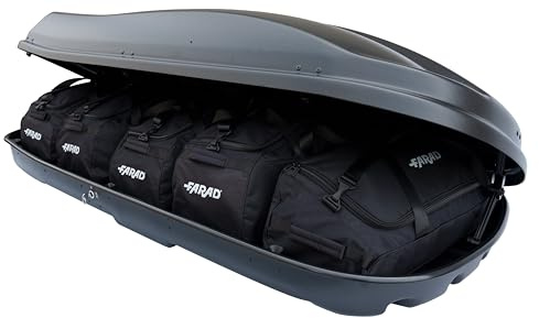 Farad Marlin Dachbox, 680 l, metallisch-grau, mit Reisetaschen, TÜV-GS-Zulassung, 5 Jahre Garantie – 3-Punkt-Zentralverriegelung mit Sicherheitsschlüssel – UV-beständig