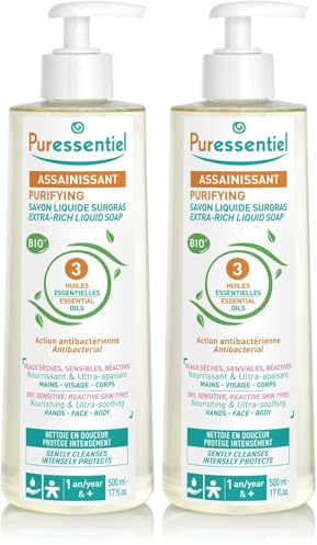 Puressentiel - Assainissant - Savon Liquide Surgras aux 3 Huiles essentielles BIO - Visage, Mains et Corps - Peaux Sèches, Sensibles et Réactives - Nettoie & Protège - Antibactérien - 500 ml