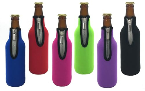 AMMKRO 6 Colors 330ML(12 Oz) Neoprene Zipper Beer Coolers Insulator Beer Bottle Non-Slip Thick Jacket Holder Sleeves for Bar, Birthday Party, BBQ, Picnics Outdoor Activities