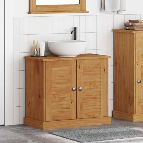 Teenpull VIGO Meuble de lavabo en pin massif marron miel, 68 x 34 x 59 cm, avec 2 portes et étagère, pour salle de bain, design rustique