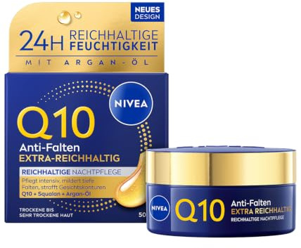 NIVEA Q10 Anti-Falten Nachtcreme, straffende Gesichtspflege mit Q10, Squalan und Bio Argan-Öl, Gesichtscreme für sehr trockene Haut, EXTRA-REICHHALTIG Reichhaltige Nachtpflege (50 ml)
