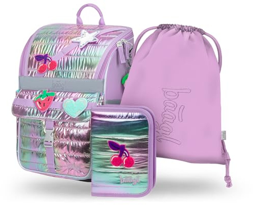 Baagl Schulranzen Mädchen Set 3 Teilig Ergonomischer Schulrucksack 18 l | Zippy Schultasche für Schulanfänger der 1. Klasse Grundschule, Tornister mit Brustgurt, Federmäppchen und Turnbeutel.