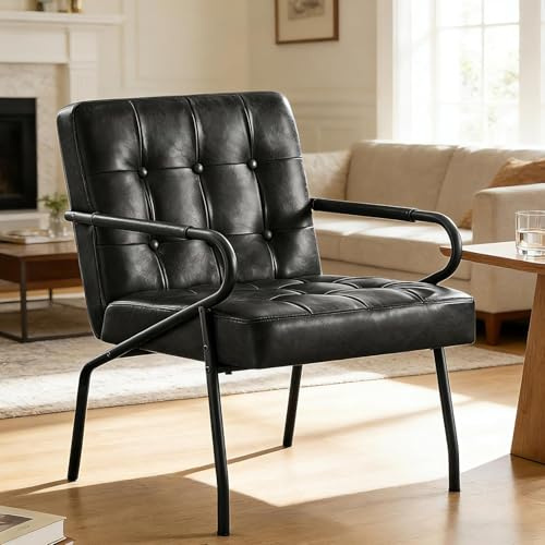 Hellove Fauteuil Salon, Fauteuil Vintage en Simili Cuir avec Accoudoirs et Pieds Métalliques Noirs, Leather Armchair, Fauteuil de Lecture, Chaise Rétro Confortable pour Salon Chambre Bureau, Noir