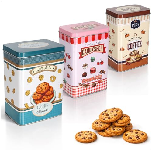 com-four® 3-teiliges Vorratsdosen Set, Keksdosen Metall mit Deckel 3 Größen | Aufbewahrungsdosen für Cookies - Candy - Coffee - Retro Vorratsbehälter für Küche