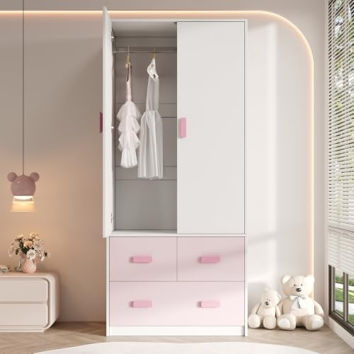 Merax 2-türiger Kleiderschrank Kinderzimmer – Kinderkleiderschrank klein mit Kleiderstange und 3 Schubladen, Kinder Schrank, 80×48×180 cm, stabil & platzsparend