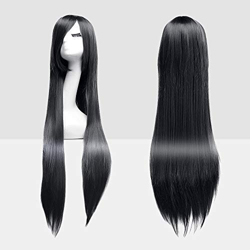Dazone 100cm Karneval Perücke Cosplay Schwarz Glatt mit Haarnetz. Lang Voll, Fashion Kostüme Damen Haarteil Cosplay Wig für Alltag, Party Perücke Lang,Halloween