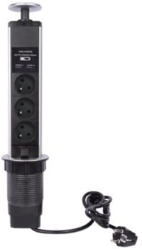 Perel Bloc multiprise escamotable, 3 Prises avec Terre française (Type E), 2 Ports USB, diamètre 71 mm, Usage intérieur, Noir/Gris