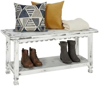 Country Cottage 36-Inch Farmhouse Entryway Bench with Storage Shelf – Solid Pine Wood Bench in Distressed White for Hallway, Bedroom, or Mudroom by Alaterre Furniture