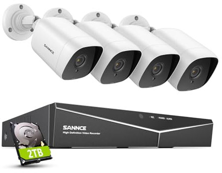 SANNCE 8CH 1080P Sicherheitskamerasystem 5-in-1 CCTV-DVR-Videorecorder mit 4 kabelgebundenen Kameras mit 2 TB Festplatte, 100 Fuß Nachtsicht, Bewegungsalarm, Fernzugriff, IP66 wasserdicht