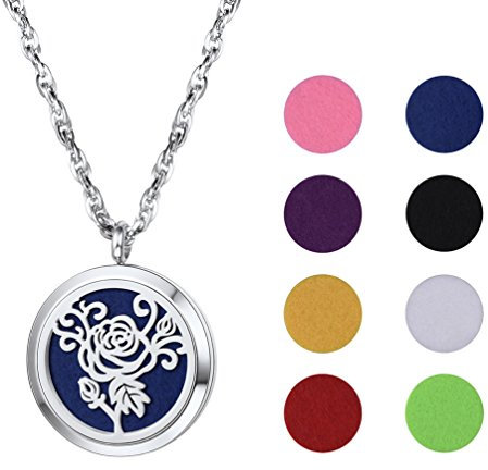 PROSTEEL personalisiert Ätherische Öle Diffusor Anhänger Halskette Edelstahl Damen Herren Medaillon mit Kette Hohl Rose Blume Parfüm Aromatherapie Floating Locket mit 8 Pads für (silber)