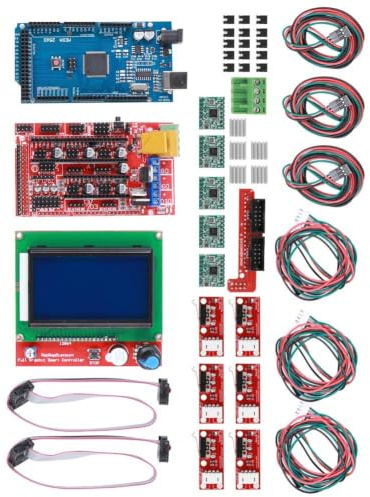 Kit de Impresora 3D, RAMPS 1.4 Controlador + Mega 2560 CH340 + Controlador 12864 + Piezas de Placa de Chip A4988, con Disipadores + Cable USB + Puent, Apto para Impresora Reprap