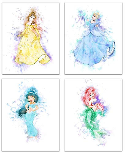 Prinzessin Wandkunst Dekor – Aquarell Prinzessin Dekor für Mädchenzimmer – Ariel Jasmin Cinderella Belle – perfekte kleine Mädchen Zimmer Dekor Kunstdrucke – Prinzessin Schlafzimmer Dekor, Prinzessin