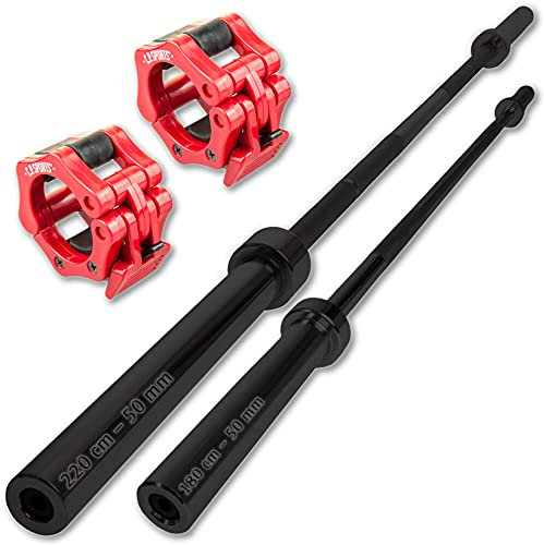 C.P. Sports Olympia Langhantelstange 220 cm schwarz für Scheiben mit 50/51 mm Bohrung | Vollstahl, hochwertige Drehgelenke, Zuladung bis 250 kg | inklusive ein Paar Schnellverschlüsse rot