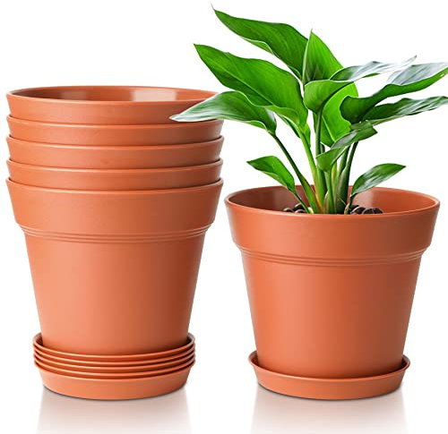 T4U 6Pcs Pot de Fleur en Plastique 6.3 Pouces Céramique Rouge Système d'irrigation avec Trou d'échappement Convient aux Jardins Balcon Extérieurs Intérieurs