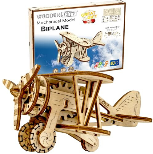 WOODEN.CITY 3D Puzzle, Doppeldecker Holz Flugzeug Spielzeug, Modellbau Bastelset für Erwachsene, Vintage Holzpuzzle, DIY Modellbausatz, Partner Geschenke, Büro Deko, Hobby, Lasercut