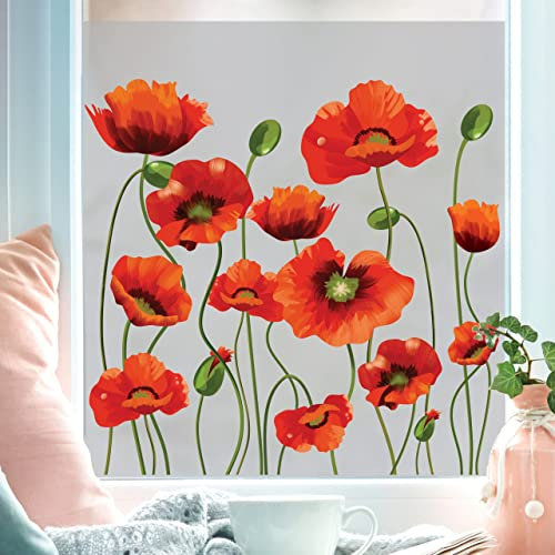 Wandtattoo Loft Sichtschutzfolie Fenster mit Mohnblumen Motiv, Fensterfolie Blickdicht, Milchglasfolie Fenster, Florale Fensterdeko Selbstklebende Folie, Fenster Dekoration Blumen, Fenster Klebefolie