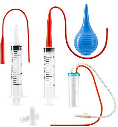 TRKRVAK Newborn Puppy Kitten Small Animal Sterile Mucus Extractor Suction Catheter, Animal Kid Puppy Kitten Tube Feeding Kit 8 FR Red Feeding Tubes with 20ml Syringes and Bulb Aspirator