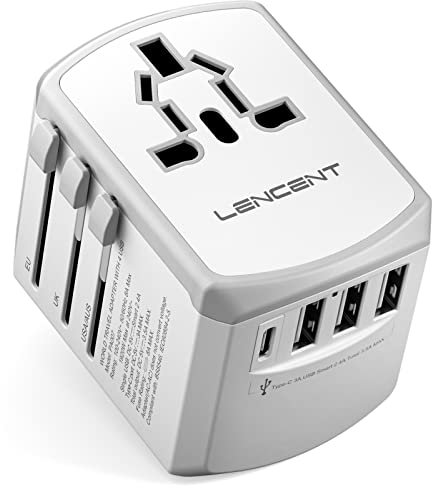 LENCENT Adaptateur de Voyage Prises Anglaise/Europe/Americaine/Australie, Chargeur de Voyage Internationale, 3 USB et 1 Type-C Murale Adaptateur AC Universel et pour Plus de 200 Pays, Blanc