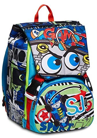 SJ Gang Faces Ausziehbarer Rucksack, Blau, Schule & Freizeit + SEVEN Schultrolley für Kinder; Trolley für Schulranzen und Rucksäcke von Seven & SJ, Einfach zum Ziehen für Mädchen und Jungen