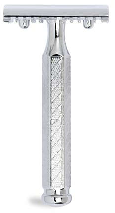 MERKUR Rasierhobel 41C | Klassiker mit Hexagonalgriff Glanzchrom | Dreiteiliger Rasierer mit geradem Schnitt | Offener Kamm | Ideal für Nassrasur | Zinkdruckguss | Messing Griffstück | Made in Germany