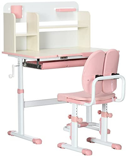 HOMCOM Banco Scuola con Sedia per Bambini 3-12 Anni Altezza Regolabile, Scrivania per Bambini con Piano Inclinabile e Cuscini Imbottiti, Acciaio e MDF, Rosa