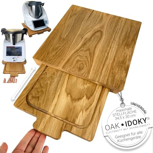 Calotti® Oak IDOKY®. Planche coulissante avec planche à découper en bois massif, pour Thermomix® et Monsieur Cuisine®. Chêne européen huilé.