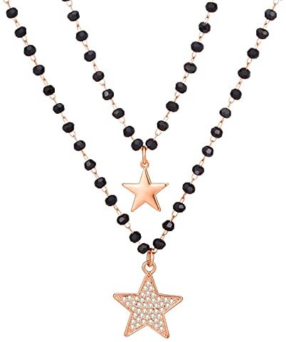 Bysonglezai Necklace Women Long Sweater Chain Trendy Double Stars Pendant Necklaces For Women Black Crystal Beads Layered Chain Necklace Bohemia Gift Rose