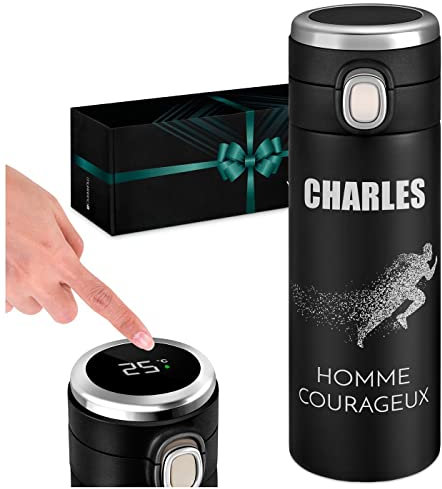 Maverton Gourde Isotherme Personnalisable - Mug hermétique 400ml avec gravure - Cadeau Homme - pour café - thé - Bouteille Isotherme avec afficheur LED - Cadeau Anniversaire Homme - sport