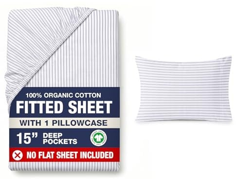 LANE LINEN 100% Organic Cotton Fitted Sheet Single – Soft & Breathable Bottom Sheet with 1 Pillowcase, 35cm Extra Deep Pocket, All-Round Elastic for Snug Fit - Ticking Stripe Blue