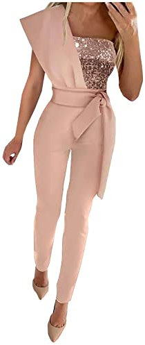 EMATOP Jumpsuits für Damen Elegant Einteiler Overall Lang Einfarbig Hosenanzug mit Glitzer Playsuit Hohe Taille Vintage Latzhose mit Gürtel Arbeitshose Slim Fit Strampler Frauen Spielanzug