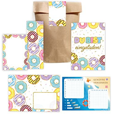 12 Einladungskarten zum Kindergeburtstag Mädchen Jungen Donuts incl. 12 Umschläge, 12 Partytüten/natur, 12 Aufkleber, 12 Lesezeichen, 12 Blöcke, 12 Schiffe versenken Einladungsset