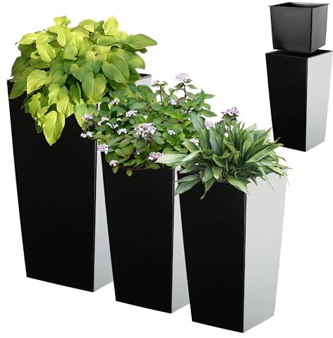KADAX Set di 3 vasi alti per piante, Nero Liscio, H 46,5/57,5/68 cm – vaso da balcone elegante, vaso decorativo per giardino