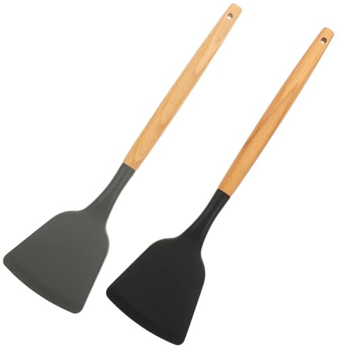 Kichvoe 2 Pièces Spatule Silicone Manche Bois Spatule à Spatule De Cuisine Tourneurs Doeufs Frits Accessoires Outil Multifonction Spatule Pour La Friture Doeufs Spatule Wok Portable Crêpes