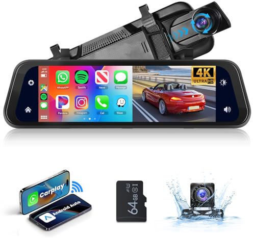 Podofo Spiegel Dashcam mit Rückfahrkamera 9.66'' Touscreen Carplay Android Auto Wireless Dual Kamera System Bluetooth DVR WDR Loop Aufnahme mit 64G SD Karte Nachtsicht AUX FM Transmitter 7-32V