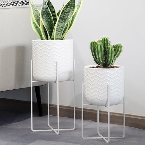 TRIROCKS Set di 2 Vasi Moderni in Metallo con Supporto, 31 cm & 45 cm, Fioriere per Interni/Esterni, Casa, Giardino, Balcone (Bianco)