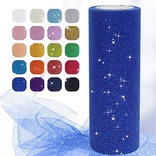 Uiopa Glitzer Tüll Königsblau, 15cm x 22,8m Glitzerstoff Polyester Tüllband Hochzeit Dekostoff, Tüll Stoff Rolle für Tutu-Röcke Party Hochzeit Tisch Deko Geschenkverpackung DIY-Handwerk