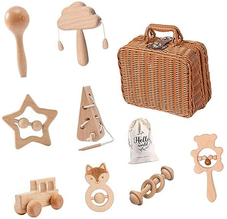 MagiDeal 8 Stück Montessori Babyrassel mit Glöckchen, Neugeborenenspielzeug mit Beutel, handgefertigtes Babyspielzeug aus Holz, Holzspielzeug Rasseln für Babys