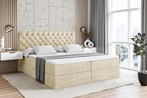 ALTDECOR Boxspringbett mit Matratze und Lattenrost, Boxbett, Topper, Polsterbett mit Bettkasten, Bett mit Stauraum H3-Matratze, Doppelbett, Springboxbett - BOXI8-180x200 - Beige Monolith 04