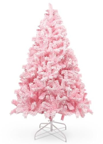 Sapin de Noel Artificiel 150 cm Rose avec Décoration Floquée Dodue avec Flocons de Neige, 600 Feuilles de Pin Pointues en PVC et Base Stable, Sapin de Noël pour Décorations de Noël