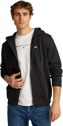 Tommy Jeans Herren Hoodie mit Reißverschluss Flag Zip Thru mit Kapuze, Schwarz (Black), XS