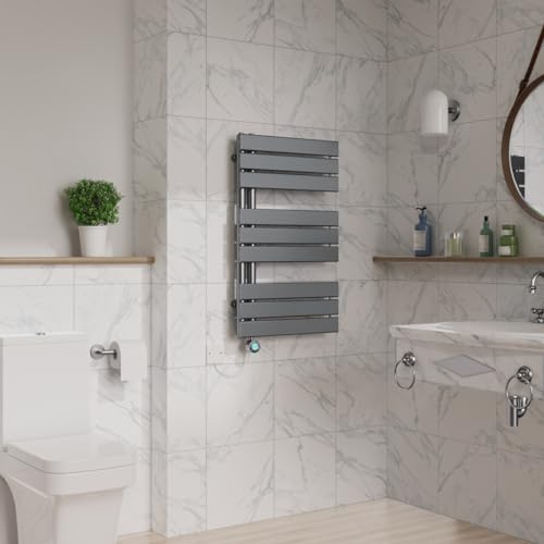 Warmehaus Prefilled Electric Heated Towel Rail with Timer Designer Flat Panel Thermostatic Bathroom Towel Radiator Gunmetal 824x500mm