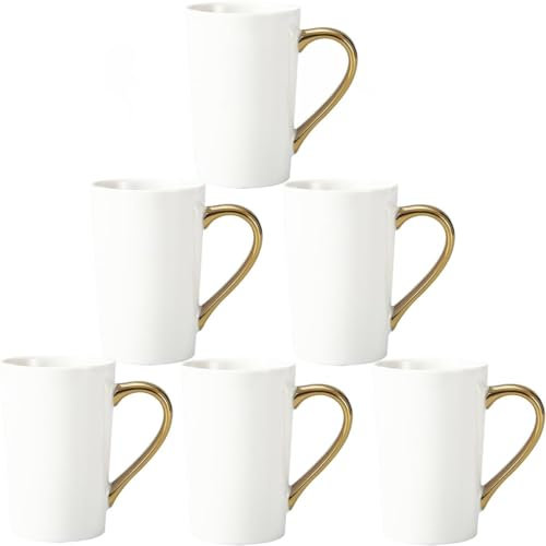Loymokinar Porcelain Coffee Mugs Set of 6 - White and Gold with Gold Handle, 12 Oz Luxury Cup Set, Dishwasher Safe, Elegant Gift
