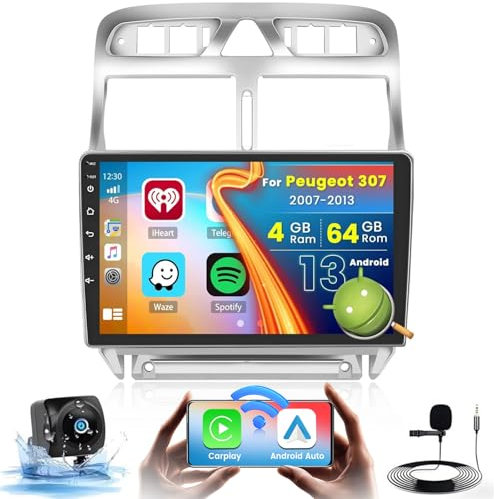 8 Núcleo 4+64GB Android Radio Coche para Peugeot 307 2007-2013, Wireless Carplay Android Auto, 9 Pouces Pantalla táctil Autoradio GPS Bluetooth FM RDS Cámara Trasera