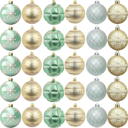 30 Stück Weihnachtskugeln Grün und Gold Christbaumkugeln Set,6 Styles Weihnachtsbaumkugeln mit Aufhänger für Weihnachten Weihnachtsbaumschmuck Hochzeit Party
