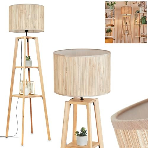 Stehleuchte Bongal, Stehlampe aus Holz/Seegras in Naturfarben, Leuchte im skandinavischen Design mit rundem Schirm (Ø 40 cm), Ablageflächen u. Fußschalter, Höhe 151 cm, 1 x E27, ohne Leuchtmittel