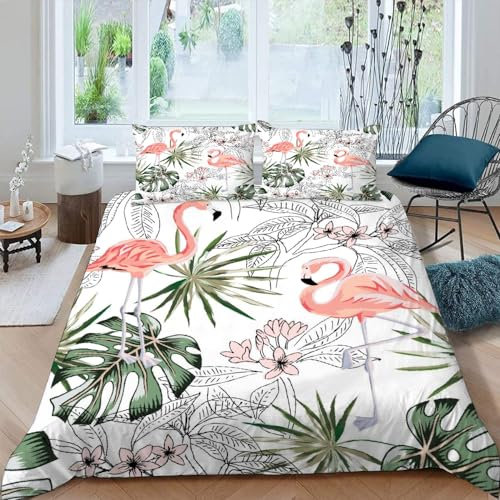 Housse de Couette 220x240 Adulte Flamant Rose Feuilles De Palmier Parure de lit 2 personnes en Microfibre 3D Imprimé Animal Ensemble de literie 3 pièces avec Fermeture Éclair et 2 Taies d'oreillers