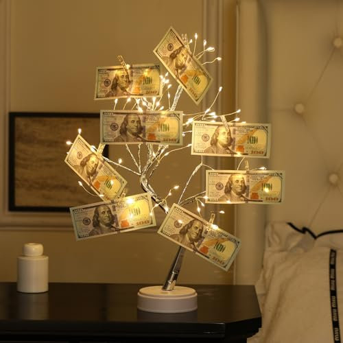 Nakolulu Money Tree Gift Card Holder Easter Decorations 108 LEDs Lighted Fairy Light Spirit Trees Battery/USB Powered Light Up Display Tree with 22 Clear Clips for Photo, Birthday
