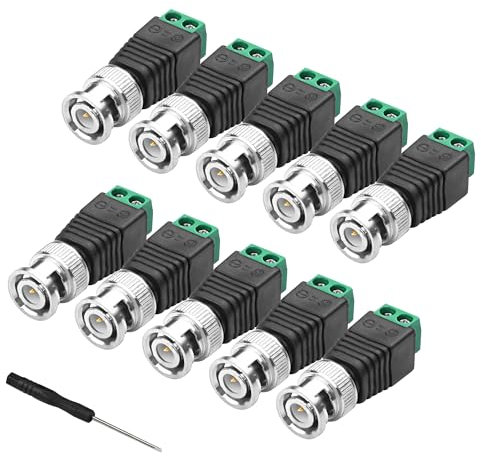 MEIRIYFA BNC Male Balun Stecker, 10Pack BNC auf Cat5e Adapter BNC Stecker auf 2 Schraubklemme Lötloser Adapter für Coax Cat5/6 auf BNC CCTV Sicherheitsüberwachung